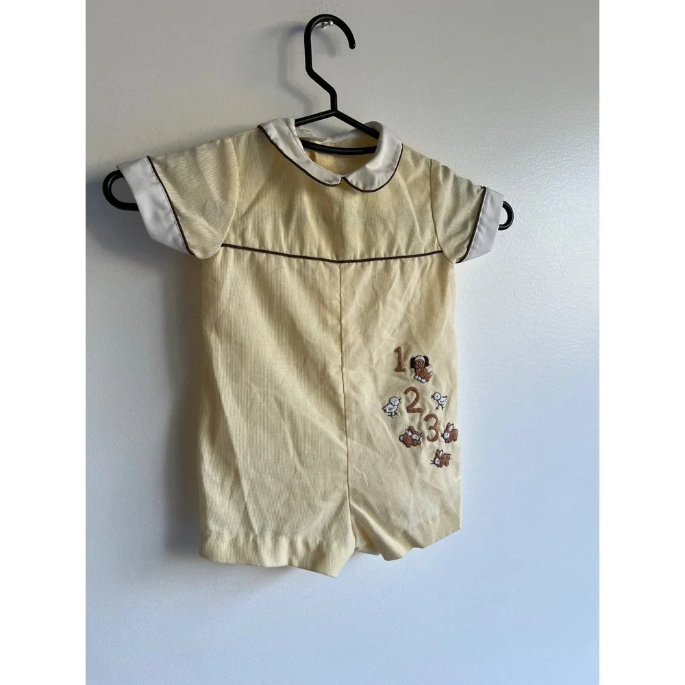 Vintage Yellow Seersucker Baby Romper Animal Embroidery Peter‎ Pan Collar 1/2